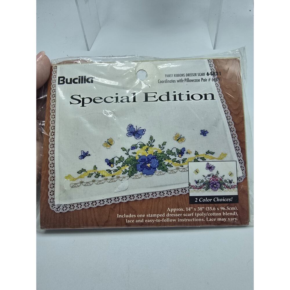 Bucilla Stamped Cross Stitch Dresser Scarf Butterfly PANSY New Sealed